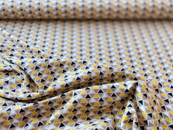 Baumwolljersey Stoff Mit Dreiecksymbolen In Hellbeige, Elastischer Baumwoll-Jersey Mit Ornamenten, Dreieckform, Hellbeige, Marine, Zum Nähen