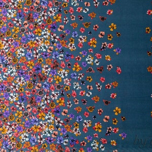 May include: Teal fabric with a scattered floral pattern. The flowers are in shades of pink, purple, orange, and white.