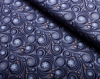 Christmas fabric, cotton poplin printed, snow flurry, denim blue, cotton fabric,