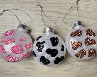 Cow Print Bling Ornament, Plastic Ornament, Glittered Christmas Ornament, Personalized Ornament, Pink, Rose Gold, Black Bling