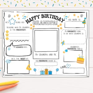 All About Grandpa Birthday Coloring Page | Color-in Questionnaire Keepsake Gift from Child (Instant Download)