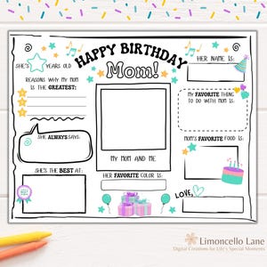 Mom Birthday Activity | All About Mom Coloring Page | Gift for Mom Birthday | Gift for Mom from Child | Instant Download