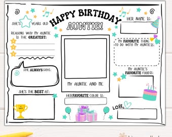 All About Auntie Birthday Coloring Page | Color-in Questionnaire Keepsake Gift from Child  (Instant Download)