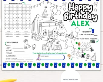 May include: A black and white personalized birthday coloring page with the text "Happy Birthday ALEX". The page includes a trash truck, animals, and party-themed illustrations, along with word puzzles and unscramble games. Available in 8.5" x 11" and 11" x 17" sizes.