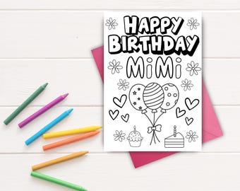 Happy Birthday MiMi Color-In Card | Printable Birthday Card for Kids to Color | DIY Craft | Instant Download