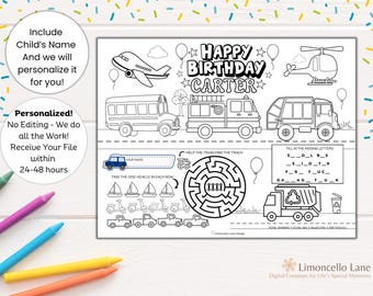 May include: Black and white printable birthday colouring page with the text "Happy Birthday Carter". Includes illustrations of a plane, bus, fire engine, helicopter, and other vehicles. Features a maze and fill-in-the-blank activities.