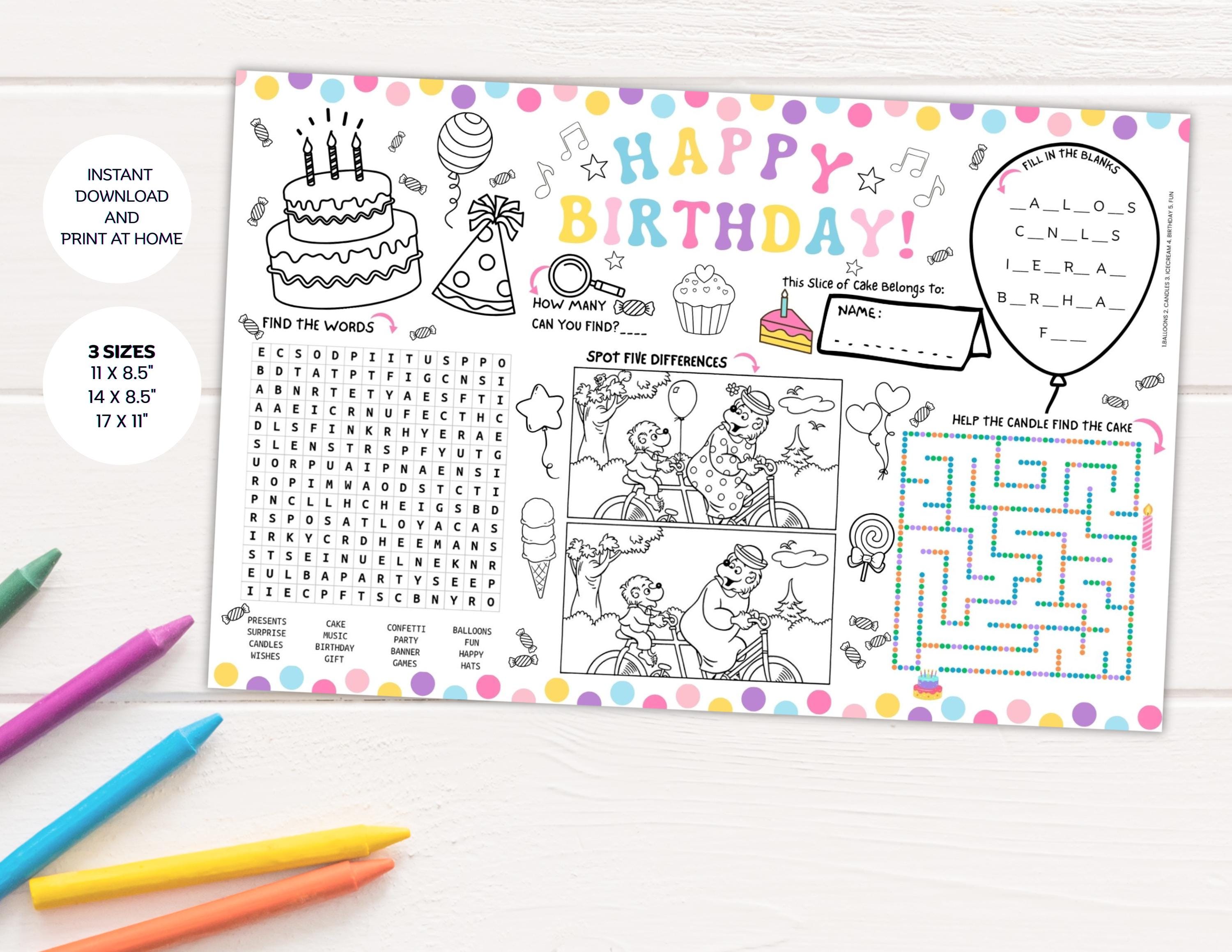 Birthday Coloring Placemat Printable Party Activity | Party Favor ...