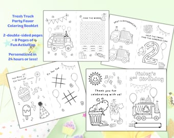 May include: A set of four coloring booklets with a trash truck theme. Each booklet features black and white illustrations of a trash truck, birthday party elements, and fun activities. Text includes "Trash Truck Party Favor Coloring Booklet" and "Finley's 2nd Birthday."