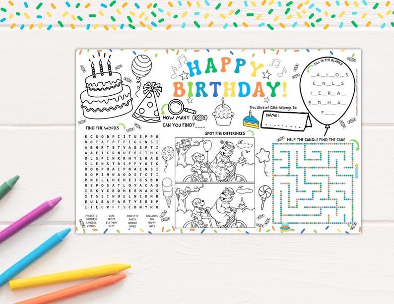 Boys Birthday Printable Placemat | Printable Kids Party Worksheet ...