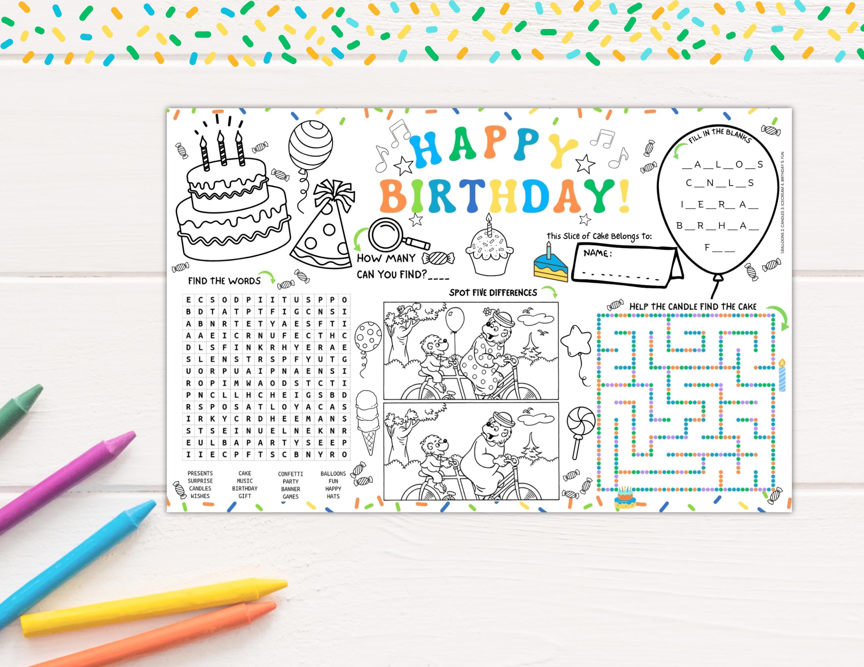 Birthday Party Coloring Placemat: Printable Party Favor Activity | Kids ...