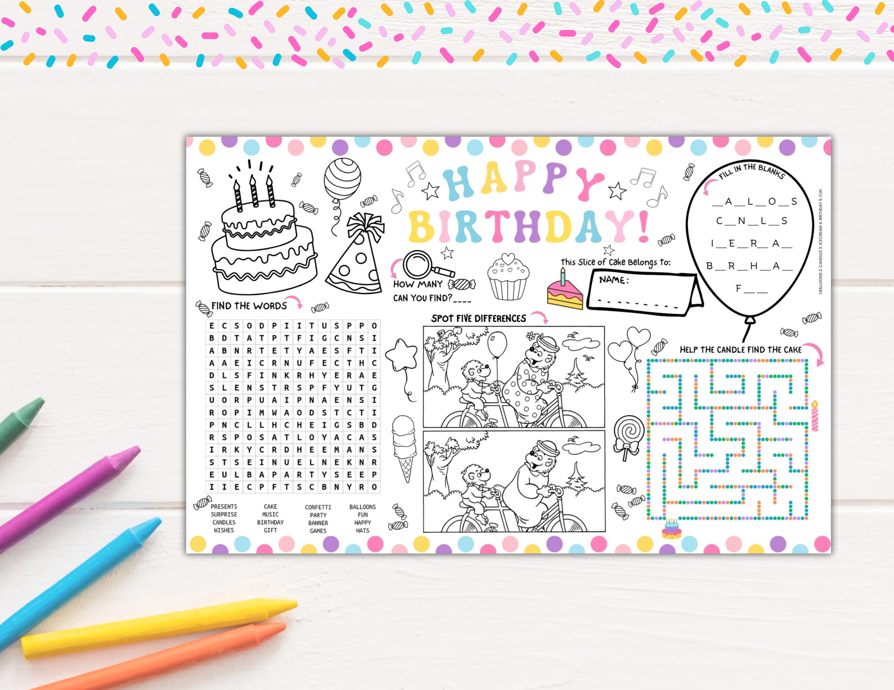 Birthday Coloring Placemat Printable Party Activity | Party Favor ...