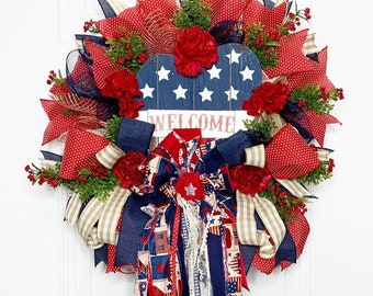 Patriotic  Wreath, 4th of July Wreath, Patriotic Decor, Americana Decor, Independence Day Wreath,Summer Wreath, Rag Bow Wreath