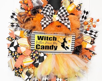 Halloween Witch Wreath, Candy Corn Witch Wreath, Halloween Witch Decor, Candy Corn Decor, Witch Wreath for Front Door, Fall Wteath,