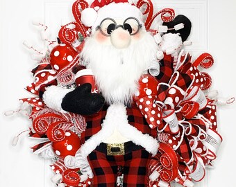 Santa Wreath, Santa Christmas Decor, Santa in Pajama's, Holiday Wreath, Hot Chocolate Decor, Marshmallow Decor, Buffalo Plaid Decor,
