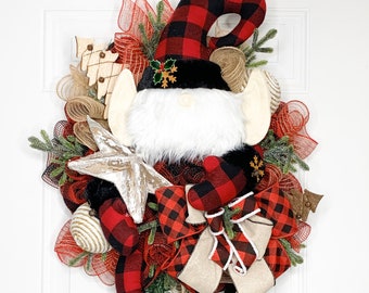 Buffalo Plaid Rustic Elf Christmas Wreath, Elf Christmas Decor, Rustic Decor, Buffalo Check Decor, Farmhouse Wreath, Holiday Wreath,