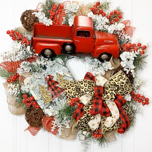 Red Truck Christmas Wreath, Leopard Print Farmhouse Decor, Buffalo Plaid Red Truck Wreath, Rustic Truck Wreath, Country Christmas Wreath image 10