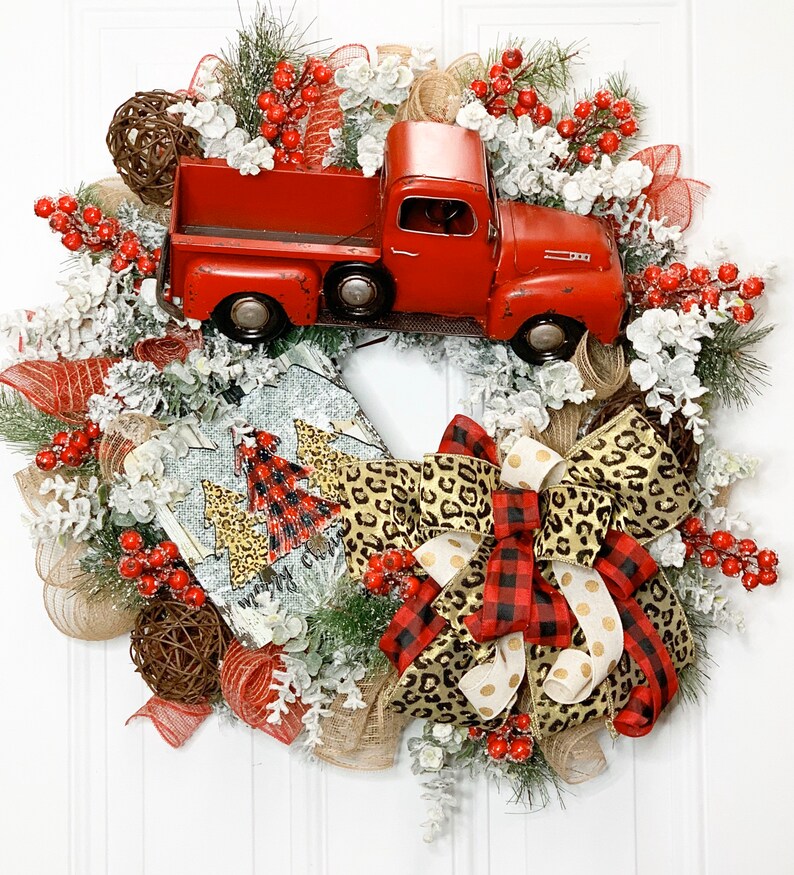 Red Truck Christmas Wreath, Leopard Print Farmhouse Decor, Buffalo Plaid Red Truck Wreath, Rustic Truck Wreath, Country Christmas Wreath image 10