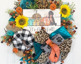 Fall Dog Wreath, Pumpkin Decor, Leopard Print Fall Wreath , Dog Lover Wreath,  Buffalo Plaid Decor,