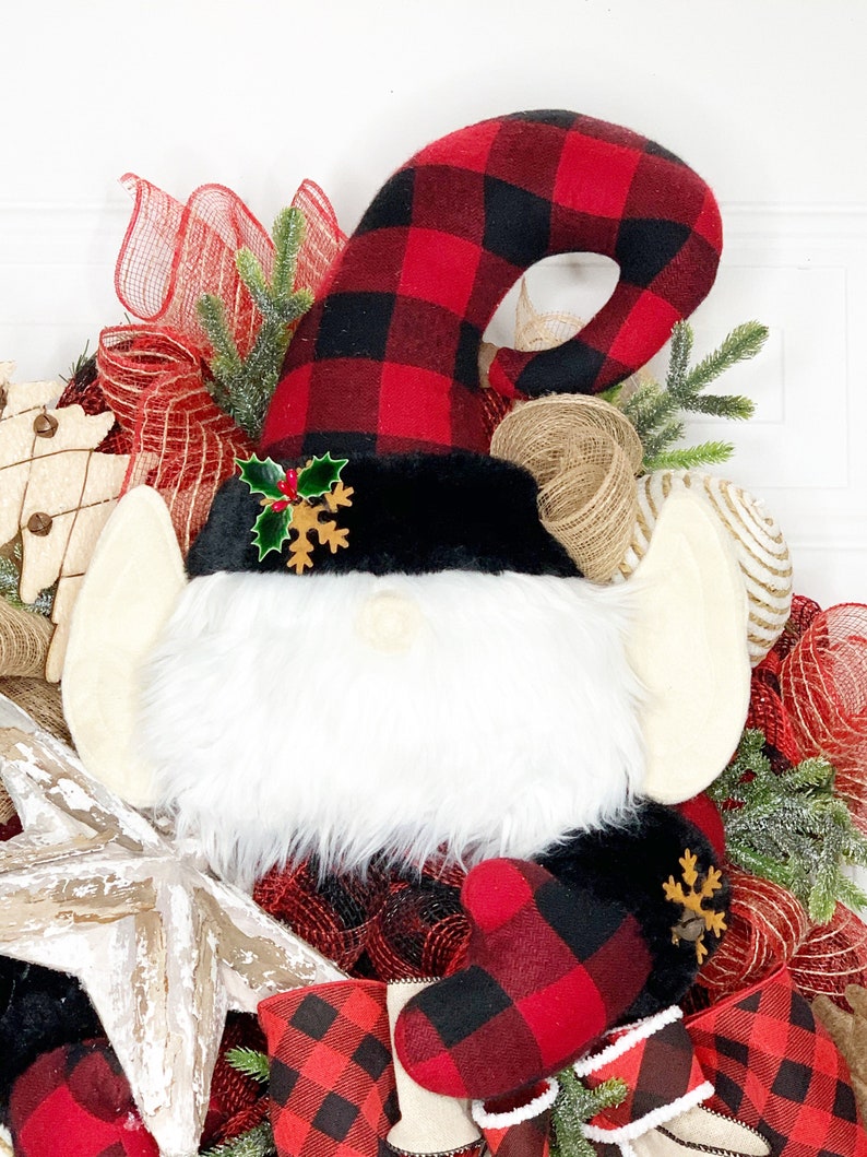 Rustic Elf Buffalo Plaid Rustic Elf Christmas Wreath, Elf Christmas Decor, Rustic ...