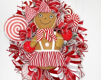 Christmas Gingerbread Wreath, Christmas Candy Cane Wreath, Candy Land Decor, Holiday Wreath,  Red and White Wreath, Christmas Swag,