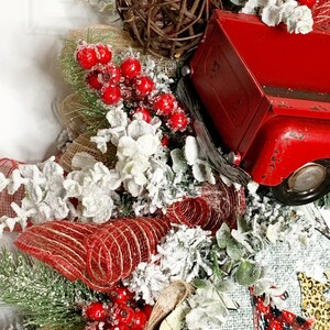 Red Truck Christmas Wreath, Leopard Print Farmhouse Decor, Buffalo Plaid Red Truck Wreath, Rustic Truck Wreath, Country Christmas Wreath image 9