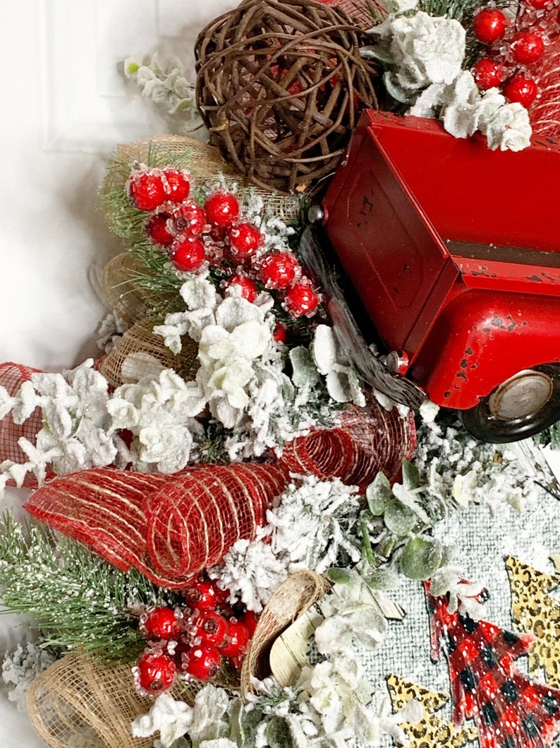 Red Truck Christmas Wreath, Leopard Print Farmhouse Decor, Buffalo Plaid Red Truck Wreath, Rustic Truck Wreath, Country Christmas Wreath image 9