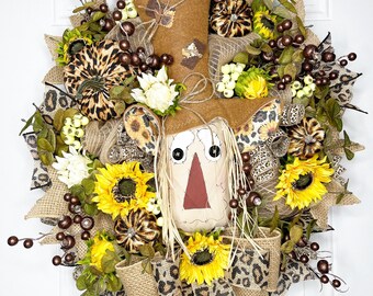 Scarecrow Fall Wreath, Scarecrow Swag, Fall Decor, Autumn Wreath, Autumn decor, Scarecrow Decorations, Leopard Print Decor, Pumpkin Wreath,