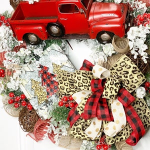 Red Truck Christmas Wreath, Leopard Print Farmhouse Decor, Buffalo Plaid Red Truck Wreath, Rustic Truck Wreath, Country Christmas Wreath image 4