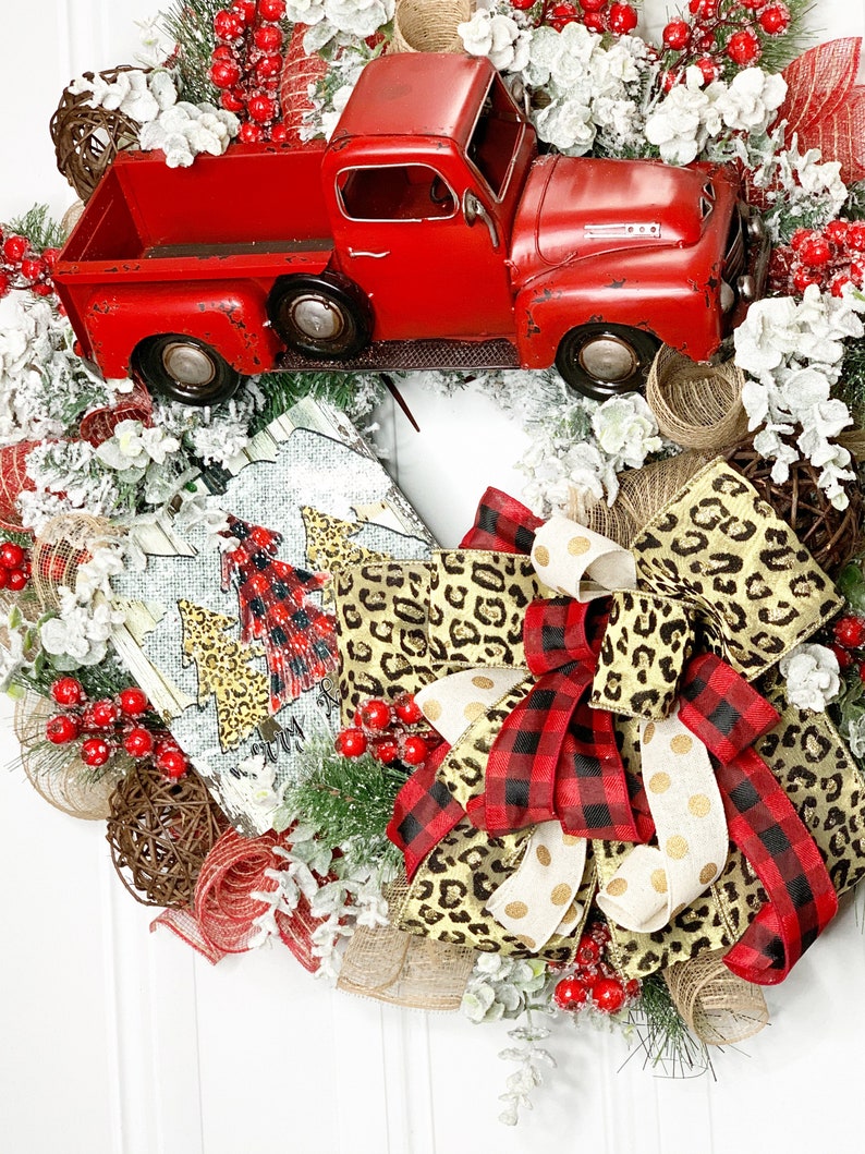 Red Truck Christmas Wreath, Leopard Print Farmhouse Decor, Buffalo Plaid Red Truck Wreath, Rustic Truck Wreath, Country Christmas Wreath image 4