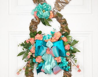 Easter Bunny Door Hanger, Easter Bunny Wreath, Spring Wreath , Grapevine Bunny Wreath, Spring Grapevine Wreath, Spring Floral Decor,