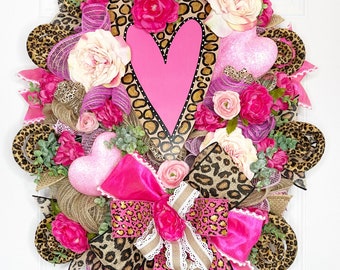 Leopard Print Heart Valentines Wreath, Valentines Decor, Heart Wreath, Heart Decor, Spring Wreath, Love Decor, VDAY Wreath for Front Door