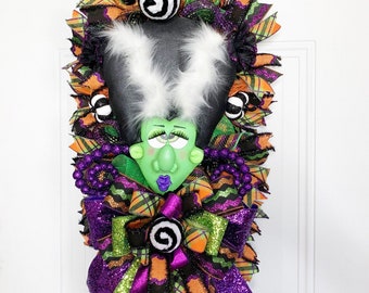 Mrs Frankenstein Halloween Swag, Frankenstein Decor, Frankenstein Wreath, Bride of Frankenstein Decor, Halloween Door Hanger, Monster Swag,