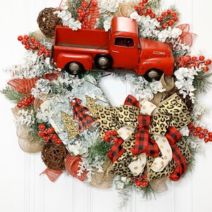 Red Truck Christmas Wreath, Leopard Print Farmhouse Decor, Buffalo Plaid Red Truck Wreath, Rustic Truck Wreath, Country Christmas Wreath image 1