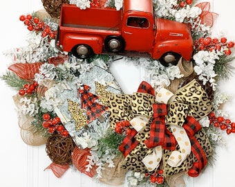 Red Truck Christmas Wreath, Leopard Print Farmhouse Decor, Buffalo Plaid Red Truck Wreath, Rustic Truck Wreath, Country Christmas Wreath