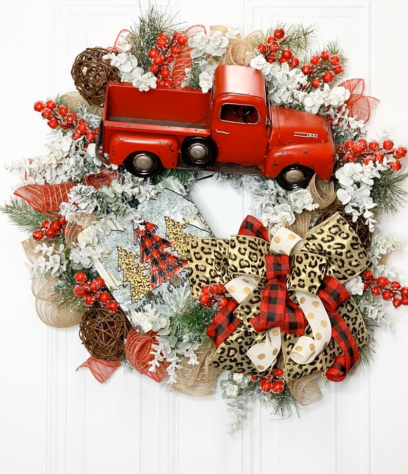 Red Truck Christmas Wreath, Leopard Print Farmhouse Decor, Buffalo Plaid Red Truck Wreath, Rustic Truck Wreath, Country Christmas Wreath image 1