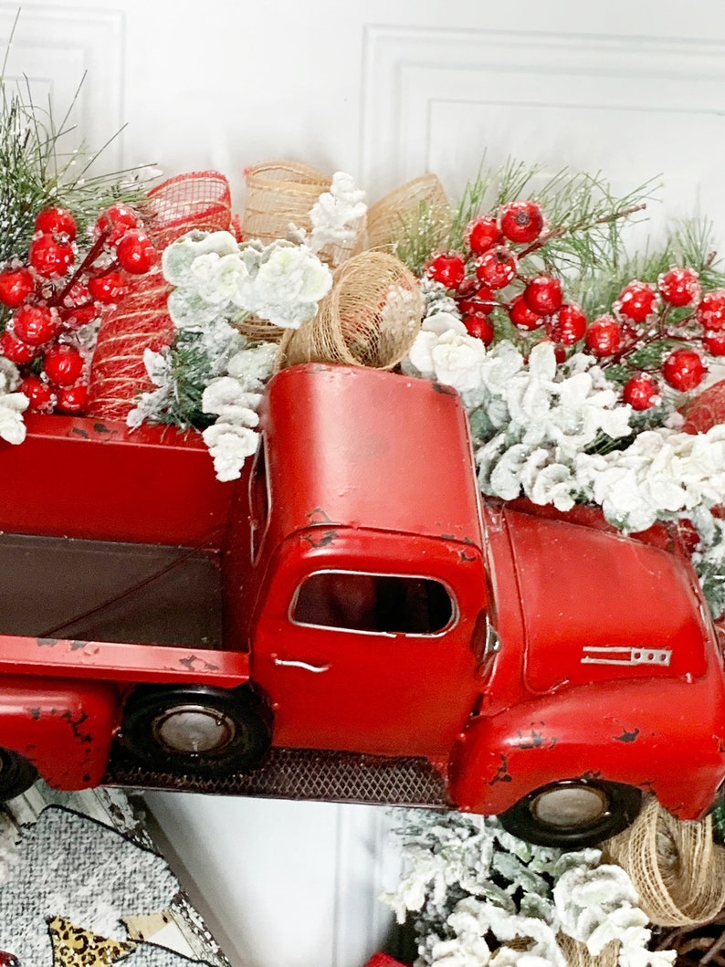 Red Truck Christmas Wreath, Leopard Print Farmhouse Decor, Buffalo Plaid Red Truck Wreath, Rustic Truck Wreath, Country Christmas Wreath image 5