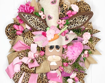 Leopard Print Easter Bunny Wreath, Easter Decor,  Cheetah Print Decor, Spring Bunny Wreath, Rabbit Decor, Spring Decor, Bunny Decorations