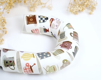 Voorgesneden washitape vintage kleine kopjes LUYU Studio voor planner dagboek plakboek decoratie notitieboekje, lus van 100 cm