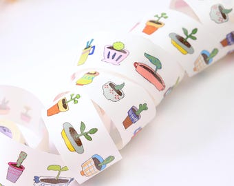 Cinta Washi precortada con diseño de pequeñas plantas en maceta de Wanle Studio para decorar agendas, diarios, álbumes de recortes y cuadernos. Muestra de bucle de 84 cm.