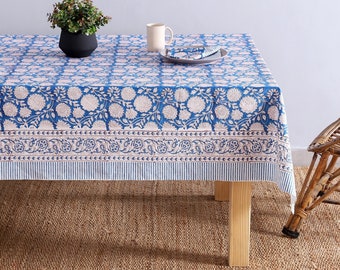 Blue and White Sun Flower Border Design Hand Block Print Tablecloth Table Cover Linen Set for Wedding Events Home Farmhouse Party Gifts