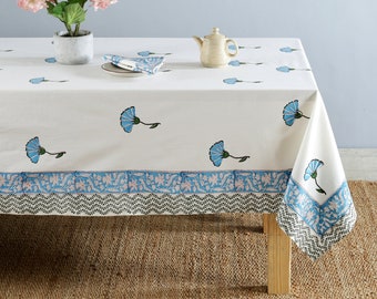 Indian Block Print tablecloth, Floral Cotton Table Cover, Table Cloth Runner Napkins Set ,Aqua Jaipur Tablecloth, Rectangle Table Cloth