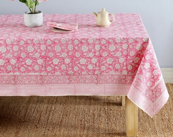 Indische Block Print Tischdecke, Floral Baumwolle Tischdecke, Tischdecke 6 Stück Servietten Set, Rosa Französische Tischdecke, Rechteck Tischdecke