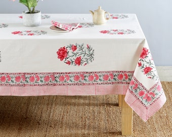 White Indian Block Print tablecloth, Floral Cotton Table Cover, Table Cloth Runner 6 Pc Napkins Set , Farmhouse Tablecloth,Gift For New Home