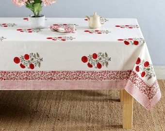 Indian Red Poppy Flower Block Print tablecloth Cotton Table Cover Table Runner Linens With 6 Pcs Napkins Set Kitchen Dining Table Boho Decor