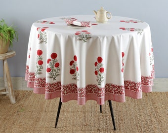 Indian Red Poppy Flower Block Print Round Table Cloth, Hand Block Print Table Cloth, Floral Cotton Table Cover, Dinning Circle Table Cover