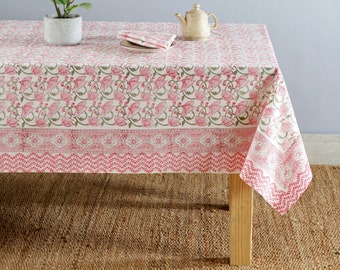 Green and flamingo pink on white Flower Design Hand Block Print Table Cloth Table Cover And Linen Set Gift For Mom and Gift For Her