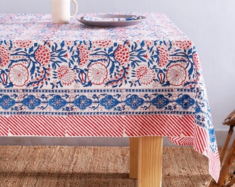 Blue,Red and White Floral Border Design Hand Block Print Tablecloth Table Cover Linen Set for Wedding Events Home Farmhouse Party Gifts