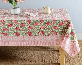 Indian Block Print tablecloth, Floral Cotton Table Cover, Table Cloth Runner Mats Napkins Set , Farmhouse Tablecloth , Gift For New Home