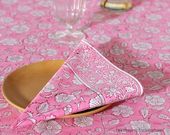 12 PC's Set Pink White Cotton Napkins, Cloth Napkin, Indian Block Floral Print Napkins, Cocktail Napkin, 16"x16" Dinner Napkins