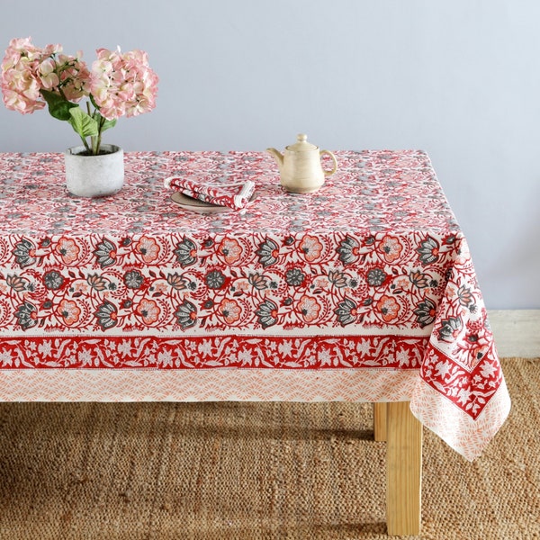 Nappe indienne imprimée, nappe en coton floral lotus rouge, nappe, chemin de table, ensemble de serviettes de table, nappe de ferme, oeuvre d'art déco